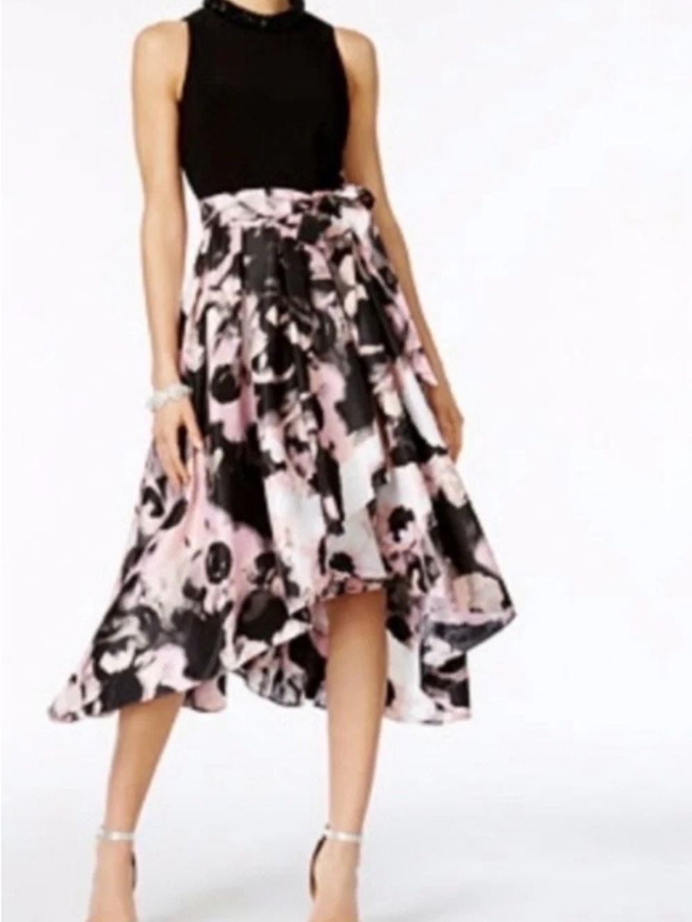 SLNY Cocktail Party Full Skirt Black Dress Pink Abstract Floral Beaded Collar 8